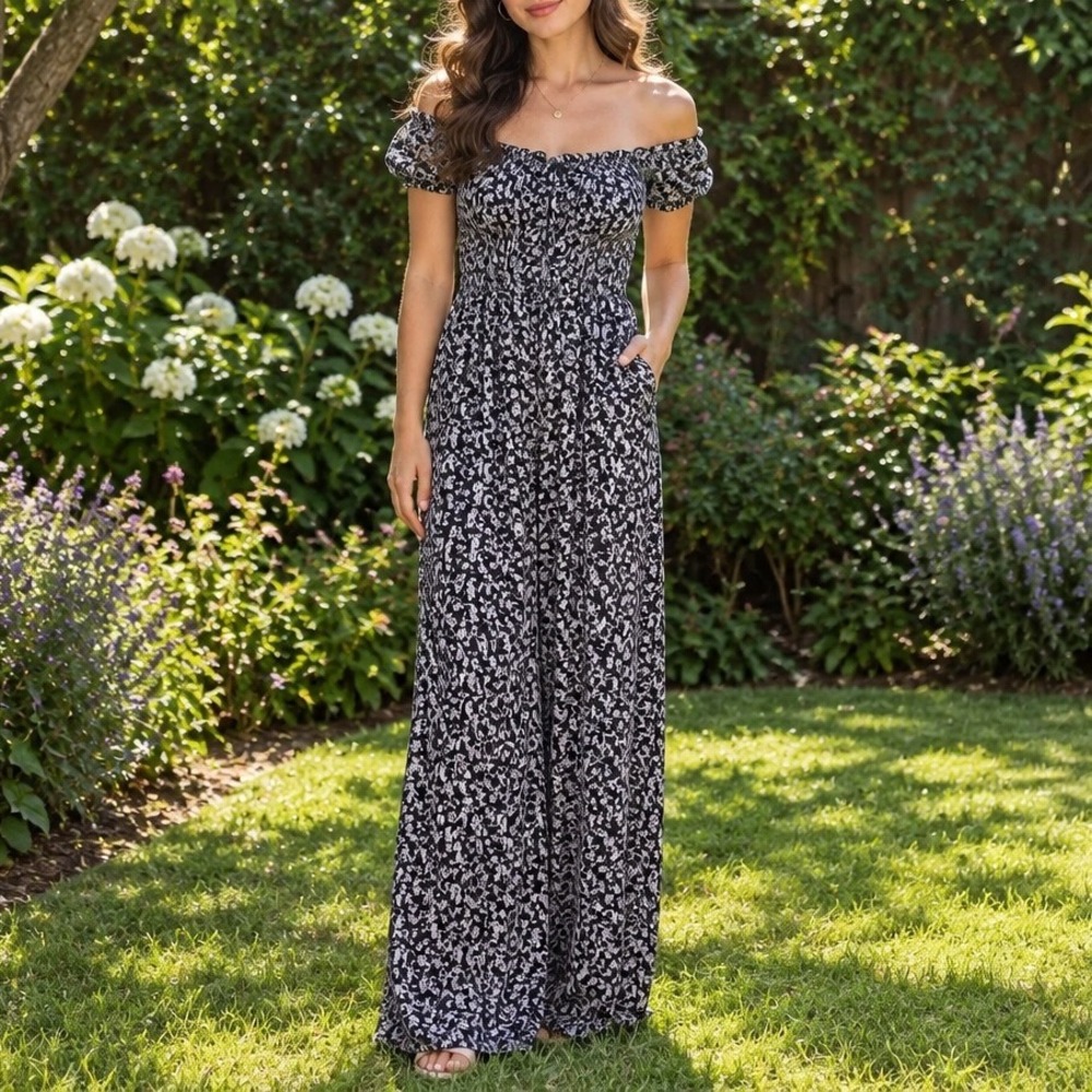 Misha Collection Erica Jumpsuit Womens 6 Navy Floral Smocked Off Shoulder Boho